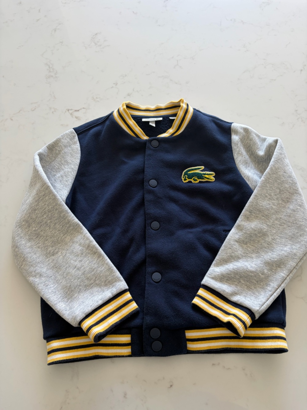 Lacoste Navy Jacket with Gray Sleeves and Yellow Striped Collar